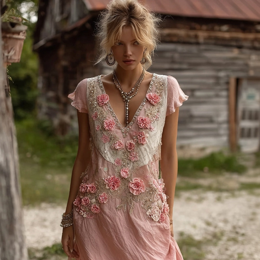 Vintage Pink Boho Roses Art Flowy Linen Maxi Dress elevenforest