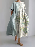 Japanese Style Floral Print Short Sleeve Loose Midi Dress
