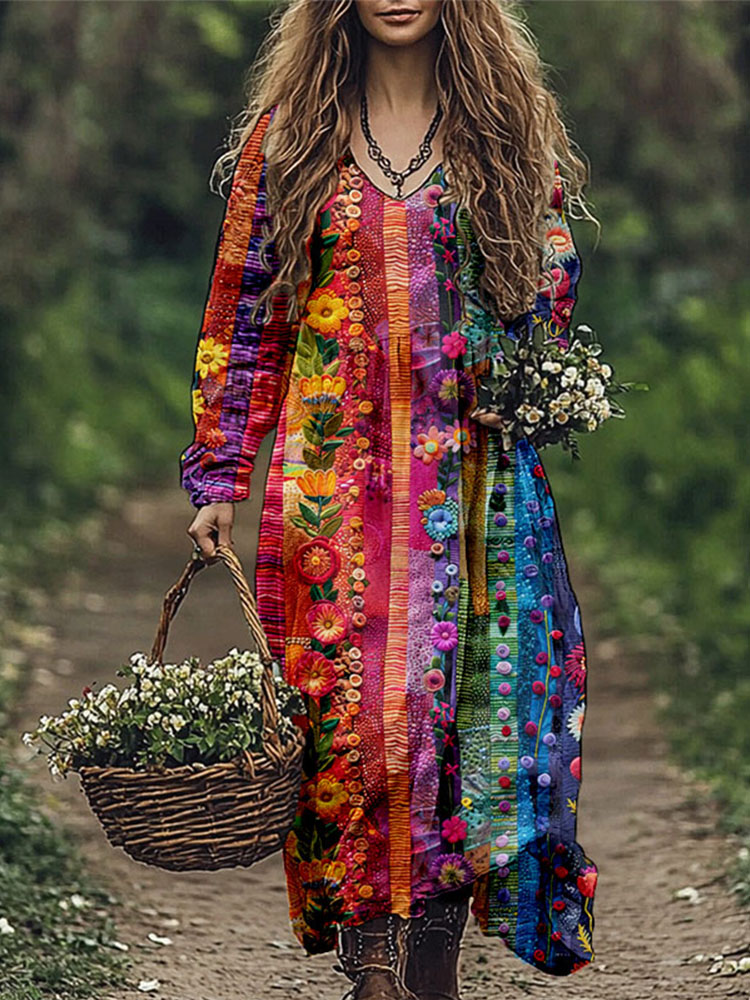 Colorful Floral Stripe Boho Collage Linen Blend Maxi Dress elevenforest