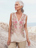 Vintage Pink Roses Embroidered V Neck Linen Tank Top elevenforest