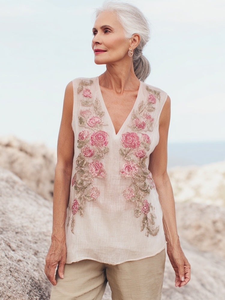 Vintage Pink Roses Embroidered V Neck Linen Tank Top elevenforest