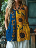 Ethnic Sunflowers Embroidered Contrast Linen Tank Top elevenforest