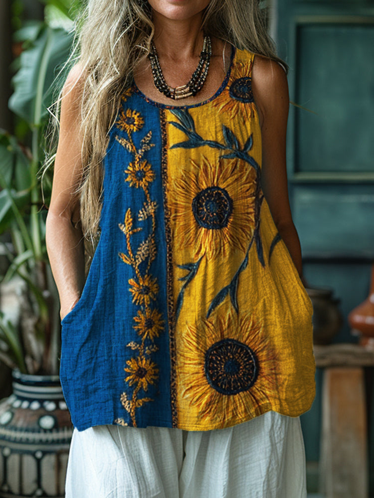 Ethnic Sunflowers Embroidered Contrast Linen Tank Top elevenforest