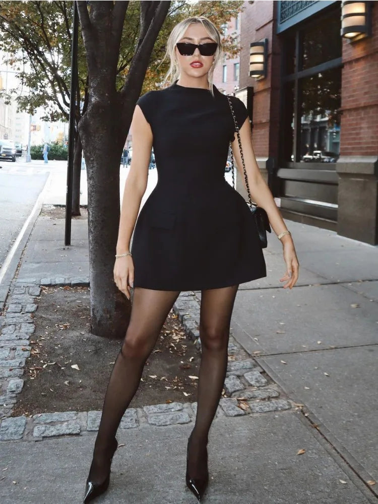 Tossy White Slim ’s Mini Dress Sleeveless Pocket High Waist Party Dress Patchwork Dress
