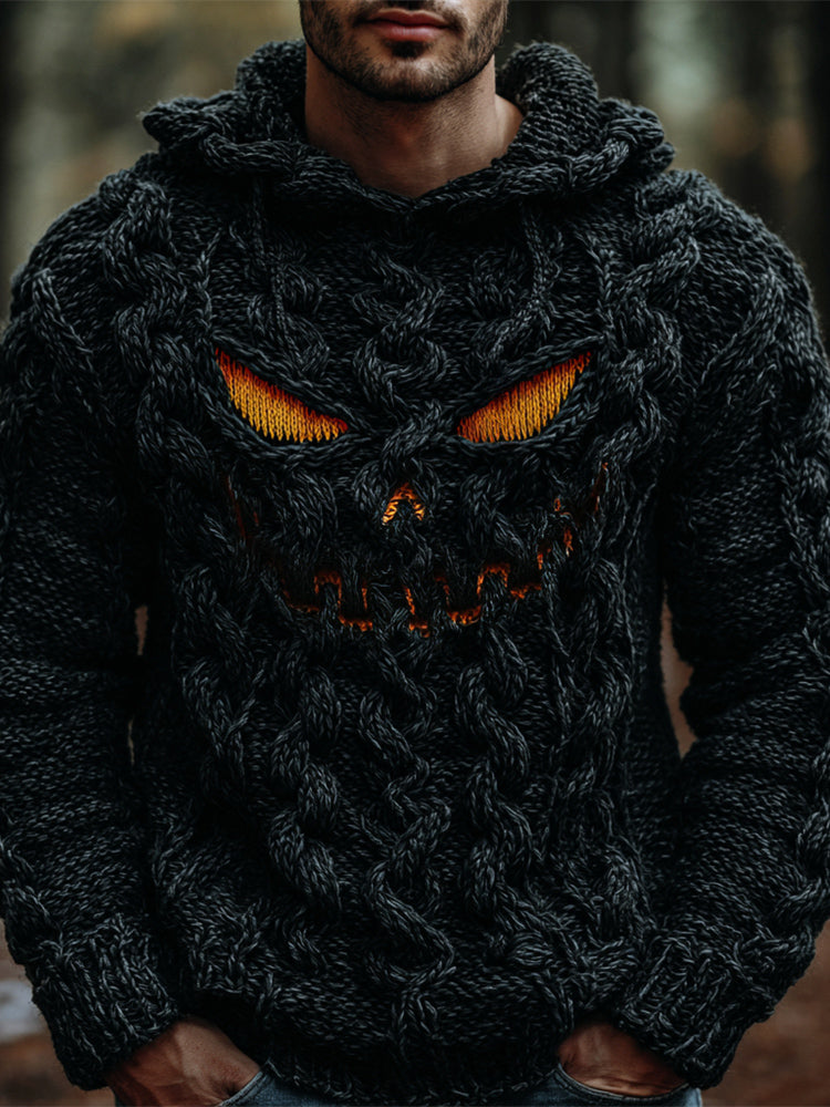 Halloween Evil Pumpkin Emoji Men's Chunky Knit Hooded Sweater elevenforest
