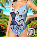Custom Japanese Art V-neck One-piece Bathing Swimsuit Personalized Blue Ocean Straps Swimsuit For Women,gift For Wife elevenforest