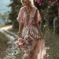 Bohème Style Retro Patchwork Plaid Skirt Rose Embroidery V-neck Dress elevenforest