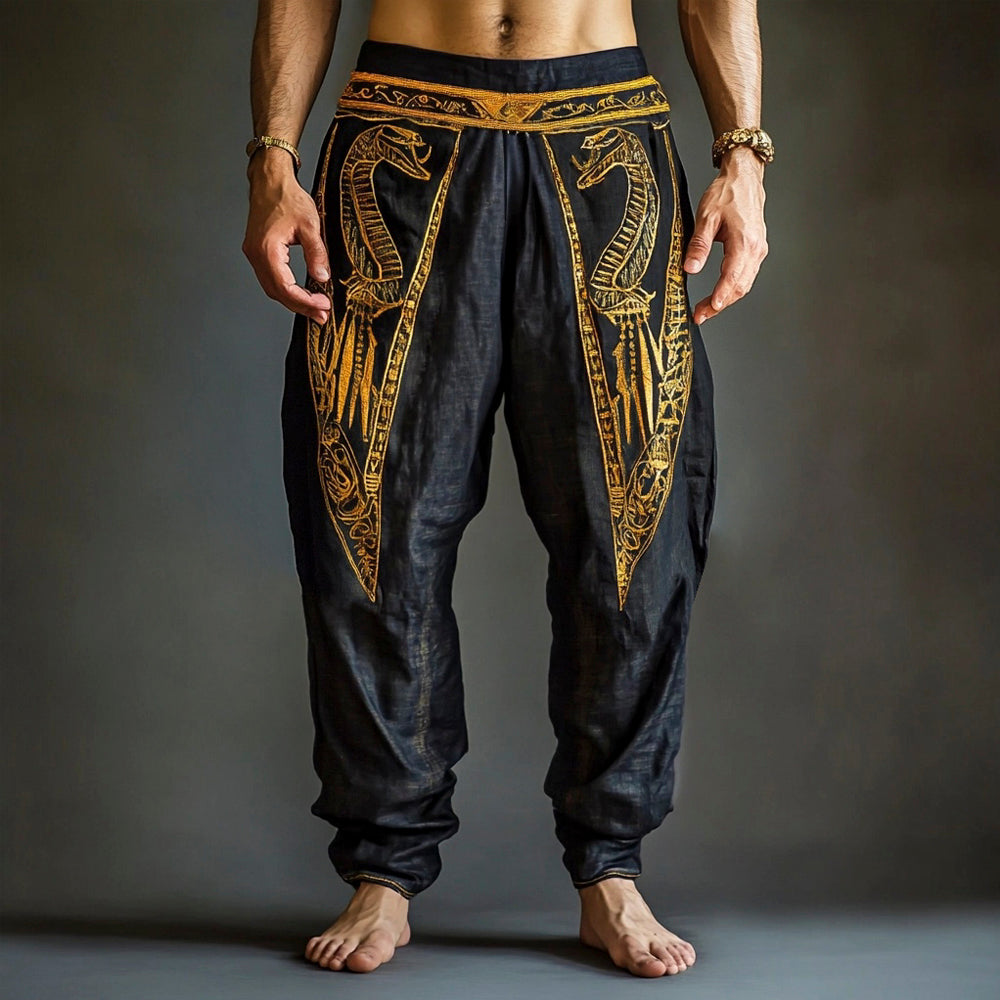 Egyptian Golden Snake Totem Men's Linen Trousers elevenforest