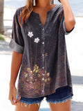Women's Vintage Floral Art Pattern Print Casual Cotton And Linen Shirt