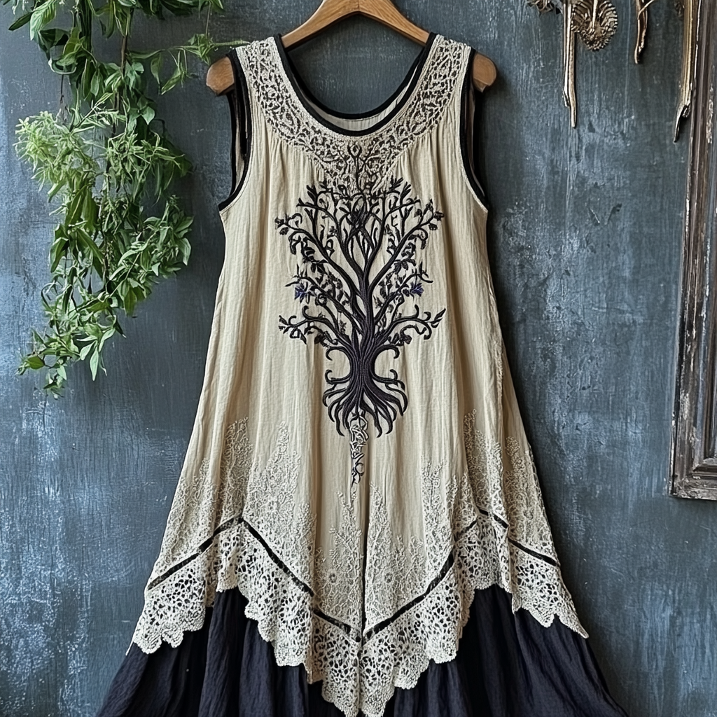Women's Vintage Tribal Viking Tree Of Life Lace Panel Dress elevenforest
