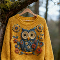 Comstylish Lovely Boho Owl Floral Crochet Cozy Knit Sweater