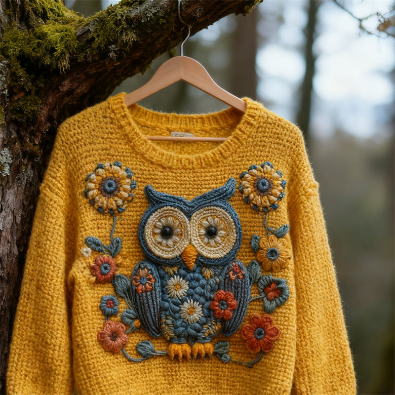 Comstylish Lovely Boho Owl Floral Crochet Cozy Knit Sweater