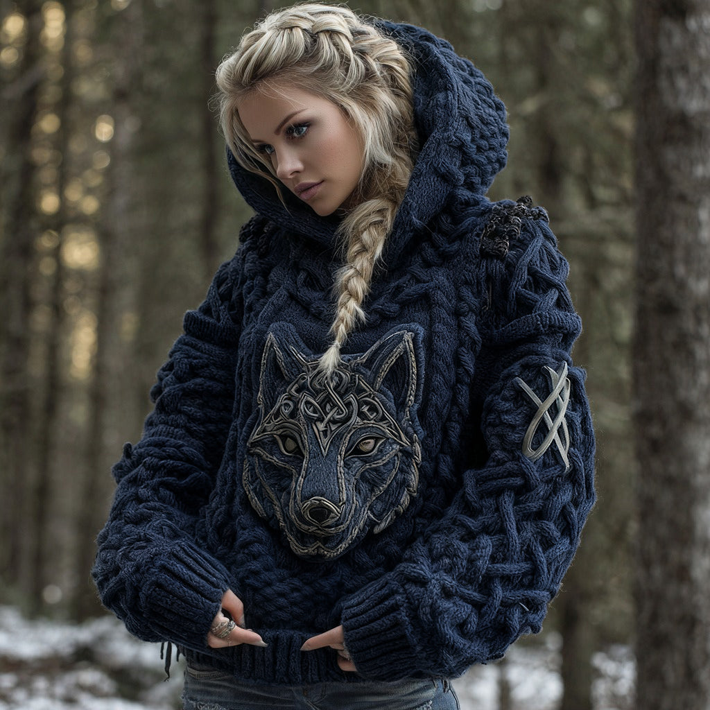 Women's Viking Celtic Wolf Knit Jacquard Warm Hooded Sweater elevenforest