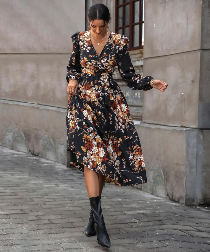 Harvest Love Print Tiered Midi Dress