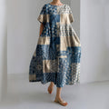 Japanese Art Geometry Patch Linen Blend Maxi Dress elevenforest