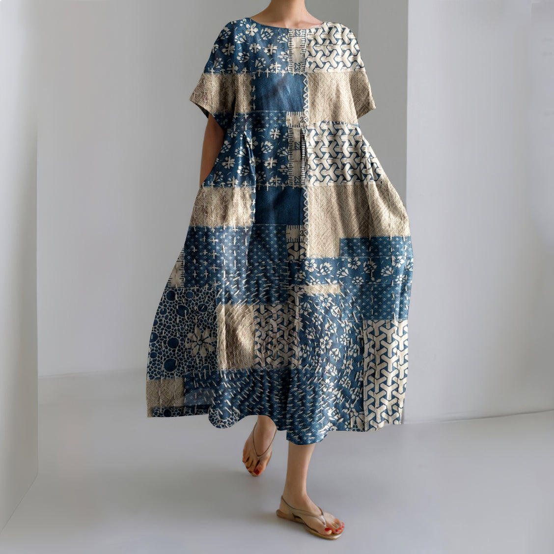 Japanese Art Geometry Patch Linen Blend Maxi Dress elevenforest