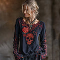 Vintage Rose Skull Contrast Color V-neck T-shirt elevenforest