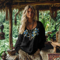 Blue Flowers And Spikelets Embroidered Shirt elevenforest
