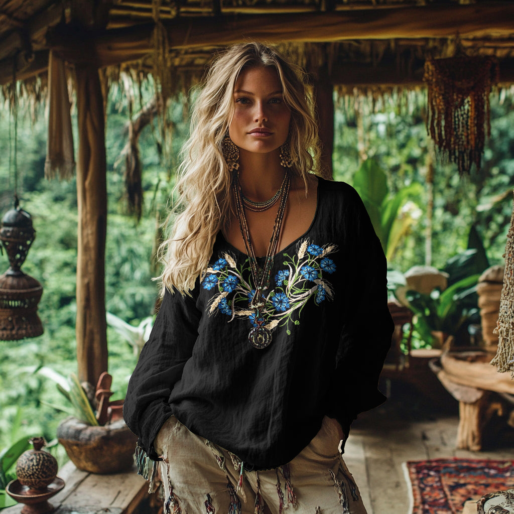 Blue Flowers And Spikelets Embroidered Shirt elevenforest