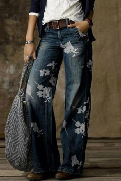 Print Patchwork Mid Waist Boot Cut Denim Jeans(5 Colors)