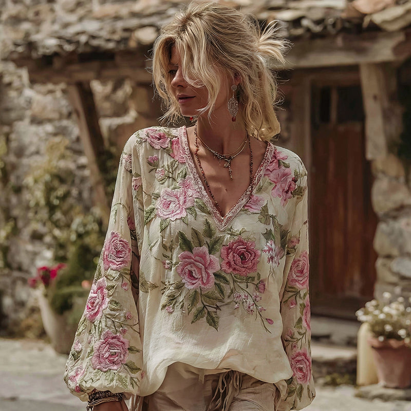 Women's Roses Print V-neck Linen Blend T-shirt elevenforest