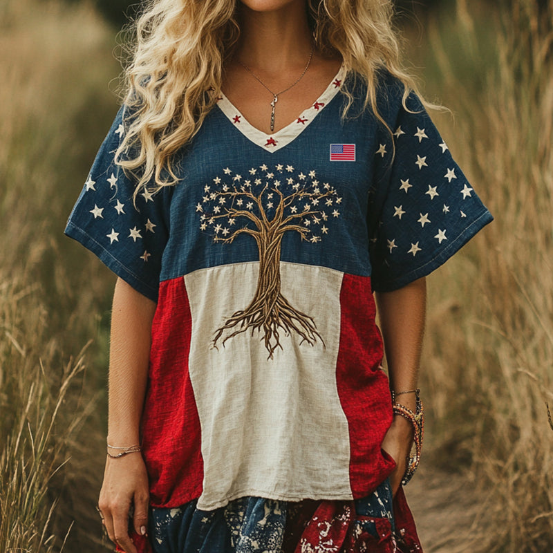 Comstylish American Flag With Tree Of Life Independence Day Embroidery Women's Linen V-neck T-shirt