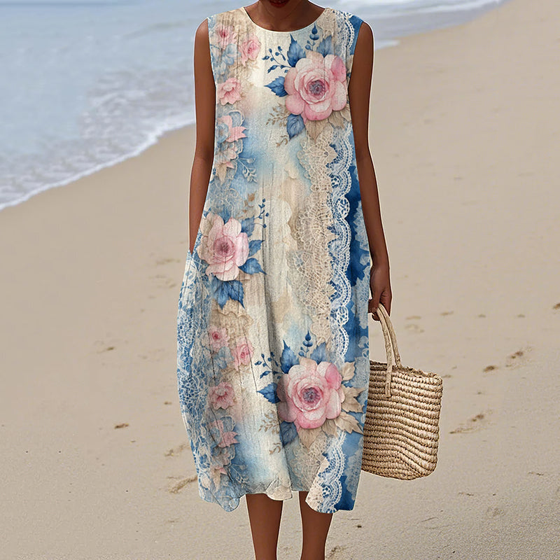 Women's Vintage Flower Art Print Linen Vest Dress elevenforest