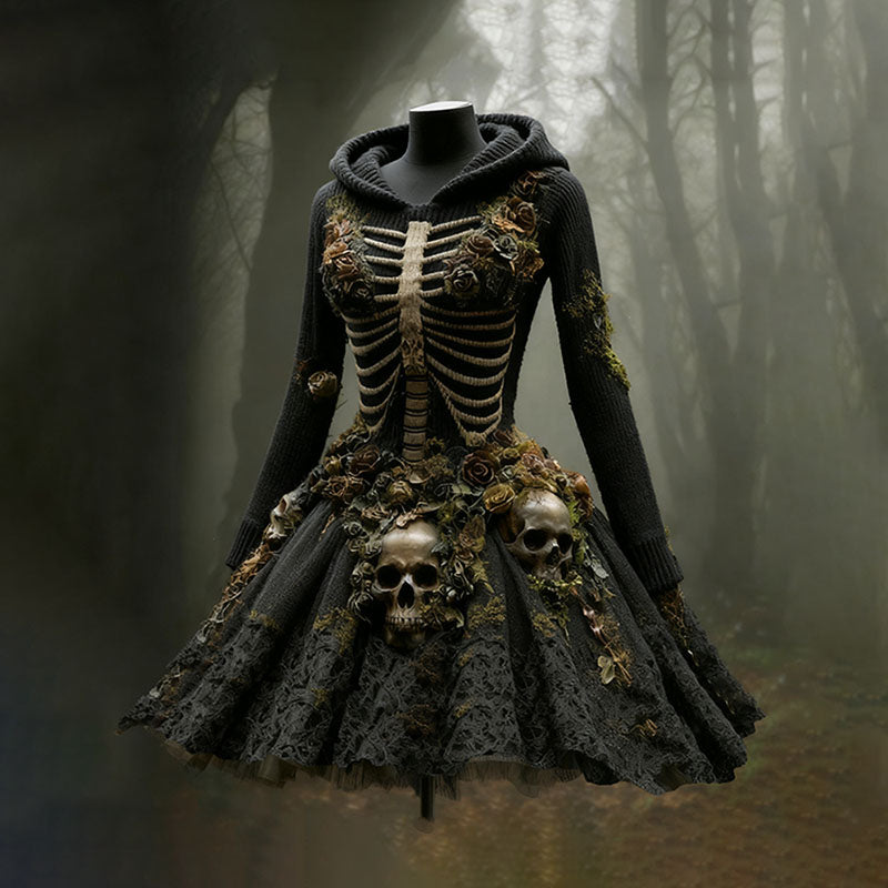 Women's Halloween Skull Flower Moss Witch Sweater Dress artswardrobe