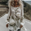 Women's Classic Romantic White Rose Embroidery Art Comfy Linen Long Sleeve Shirts elevenforest