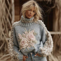 Women's Vintage Rose Floral Pearl Art Cozy Knit Turtleneck Sweater