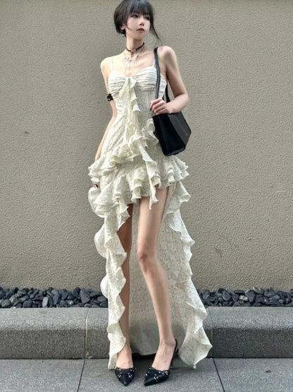 Y2k Spaghetti Strap Irregular Dress Layered Ruffles Slim Party Dress Spring New Prom Robe Wedding Vestidos Mujer