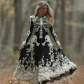Women's Retro Halloween Skeleton Bones With Rose Art Cozy Knitted Warm Long Sleeve Maxi Dress elevenforest