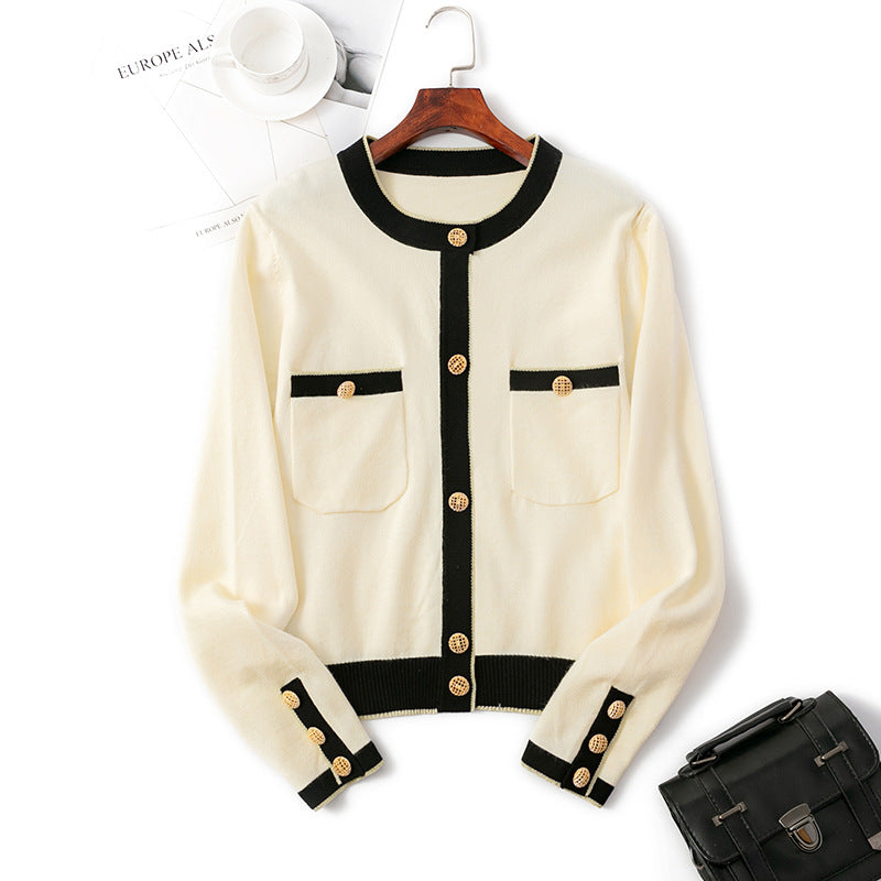 Classic Socialite Knitted Cardigan Contrast Color Coat for Autumn Winter Slimming Long Sleeves Coat Top