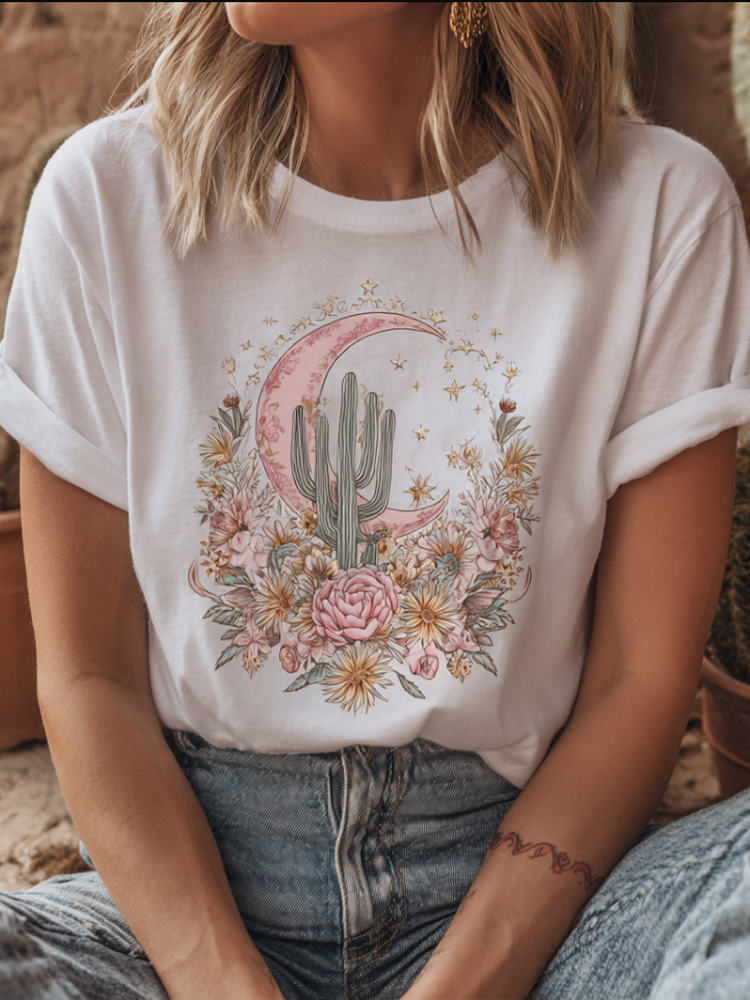 Women's Breast Cancer Health Plant Flower Bohemian Style Printed T-shirt elevenforest