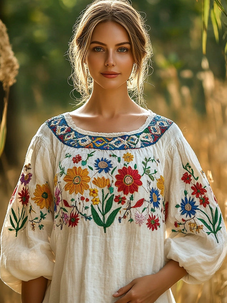 Bohemian Floral Embroidered Folk Women's Linen Shirt elevenforest