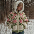 Comstylish Women's Bohemian Style Pink Rose Art Cozy Fur Collar Knit Hooded Sweater Jacket
