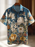 Bohemian Style Plant And Flower Pattern Men's Retro Cotton And Linen Short-sleeve Shirt elevenforest