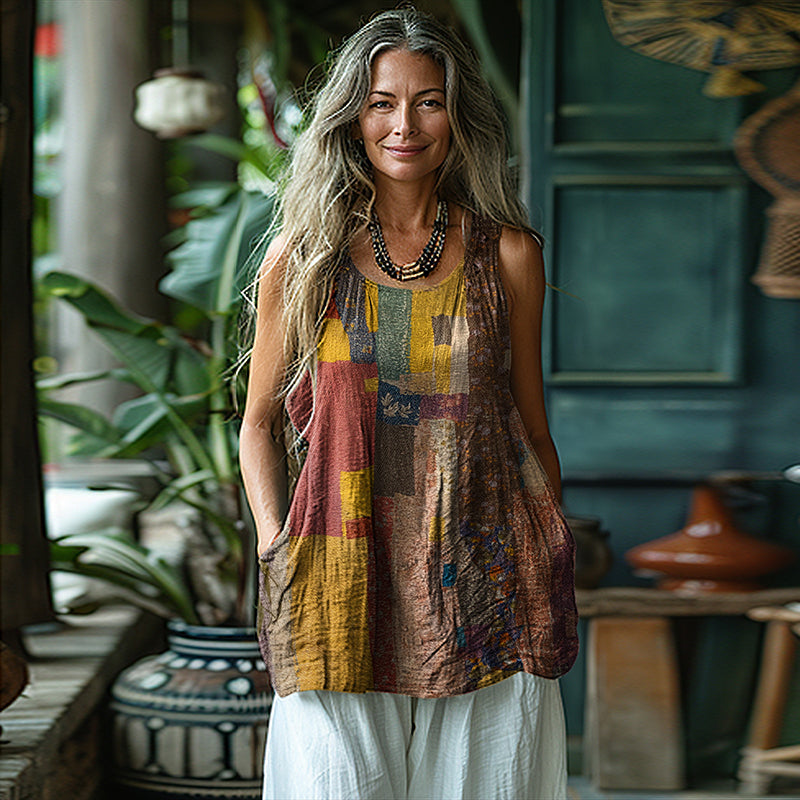 Vintage Patchwork Art Sleeveless Linen Blend Tank Top elevenforest