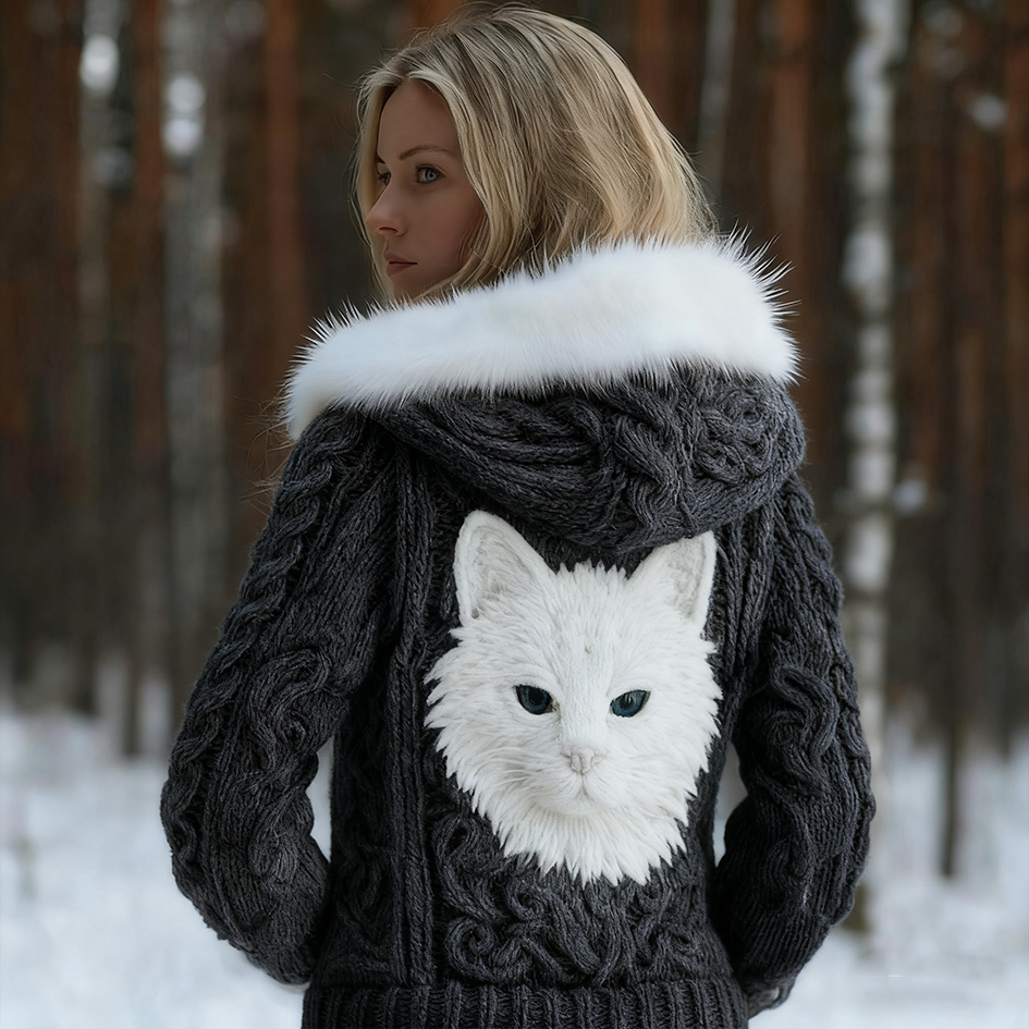 Comstylish Viking Retro Cat Design Women's Hooded Knit Sweater Jacket