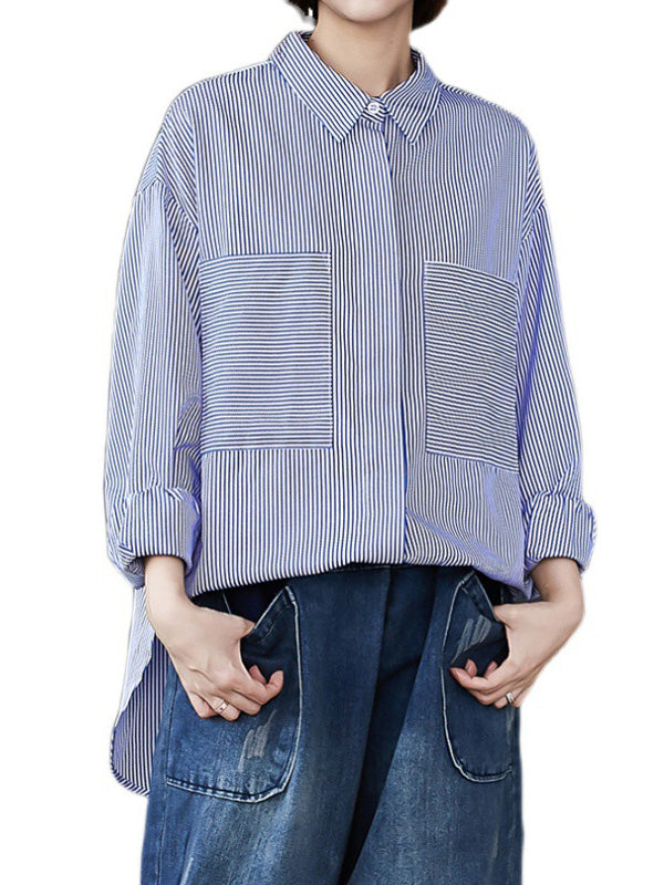 Loose Striped Split-joint With Pocket Lapel Collar Long Sleeves Blouse