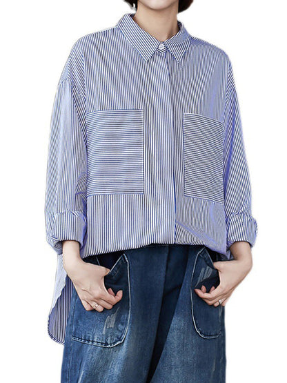Loose Striped Split-joint With Pocket Lapel Collar Long Sleeves Blouse