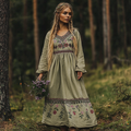 Women's Vintage Cotton Linen V-neck Embroidered Floral Dress elevenforest