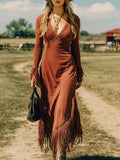 Western Retro Brick Red Cotton Long Sleeve Tassel Maxi Dress