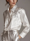 Shipping White Satin Blouse With Silver Plant Embroidery