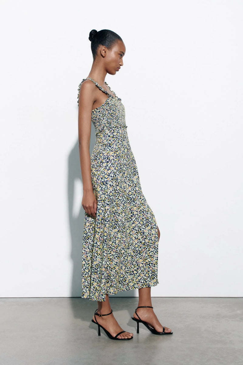 Cami Smocked Elastic Slit Midi Dress
