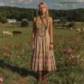 Vintage Pink Floral Linen Tank Midi Dress elevenforest