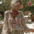 Women's Bohemian Lily Print Dyeing Gold Round Neck Long Sleeve Top elevenforest