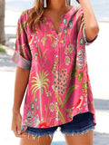 Women's Tropical Floral Art Print Casual Short Sleeve Cotton and Linen