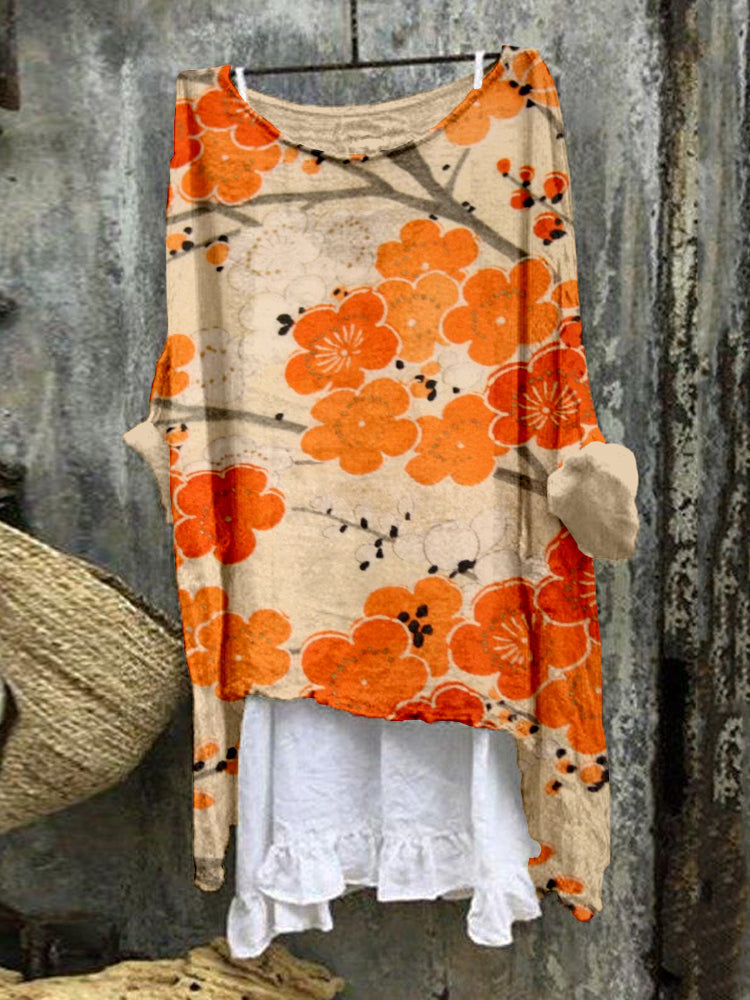 Comstylish Vintage Japanese Plum Blossom Flowy Linen Tunic