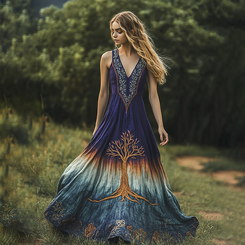 Viking Tree Of Life Contrast Color Belt Maxi Dress elevenforest